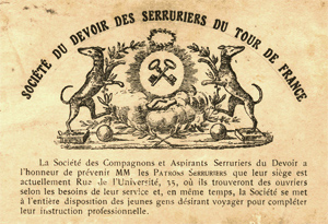 Carte des compagnons serruriers du Devoir, vers 1900