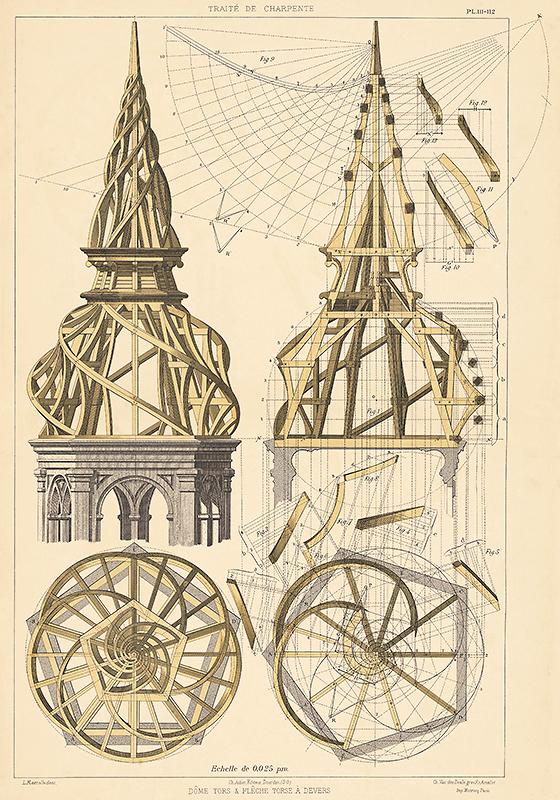Epure de flèche torse de charpente par Mazerolle, fin XIXe s